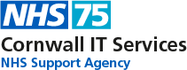 Logo: Cornwall IT Services NHS Support Agency with seventy fifth anniversary mark