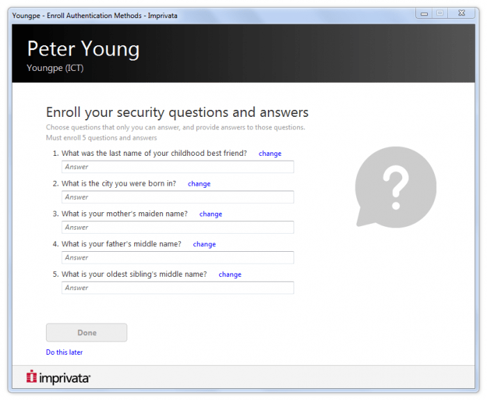 Screenshot depicting 5 security questions for single sign on setup