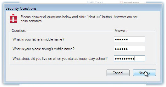 Screenshot depicting dialogue window requesting secret question answers